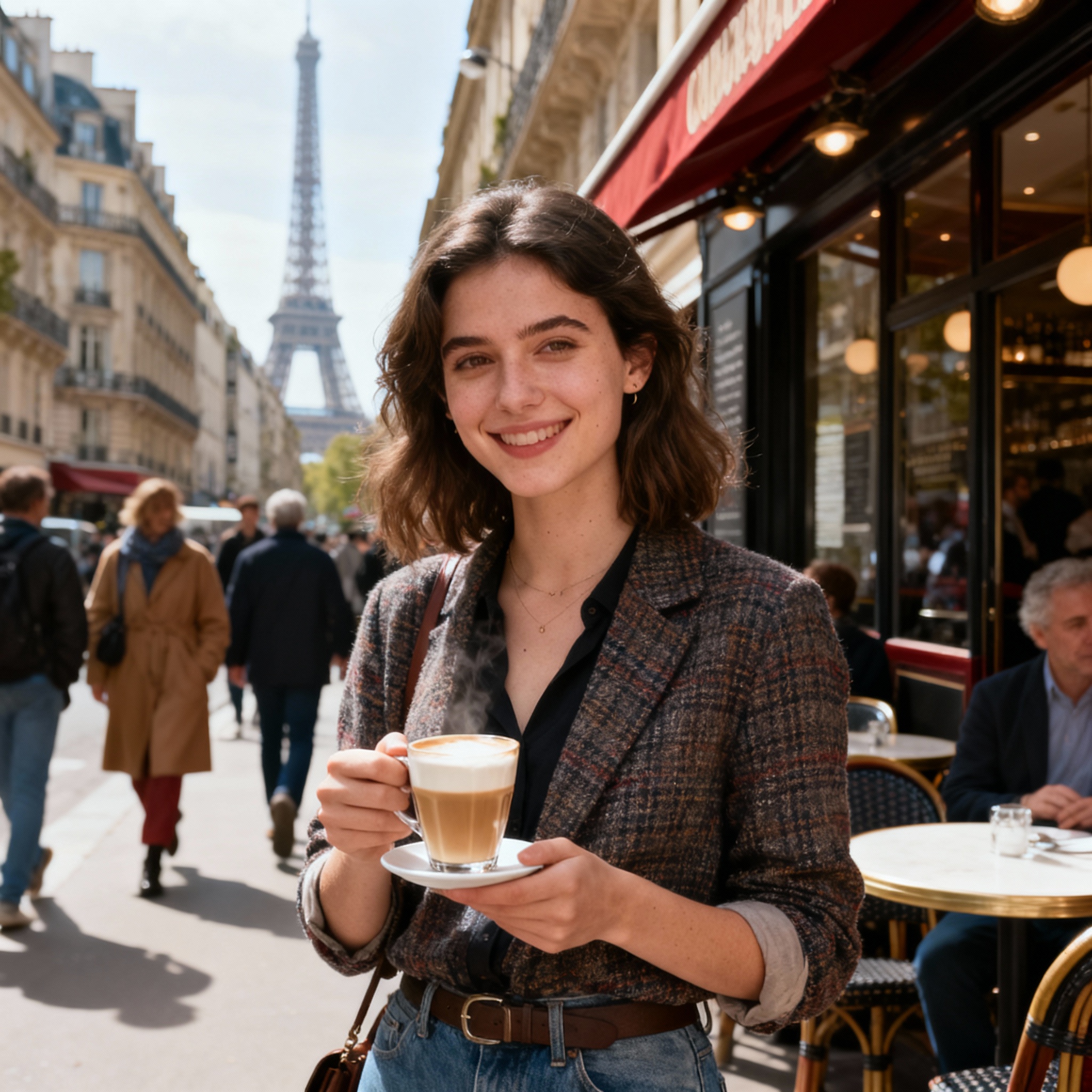 Woman holding coffee at a Parisian cafe with Eiffel Tower background - original image before AI background change