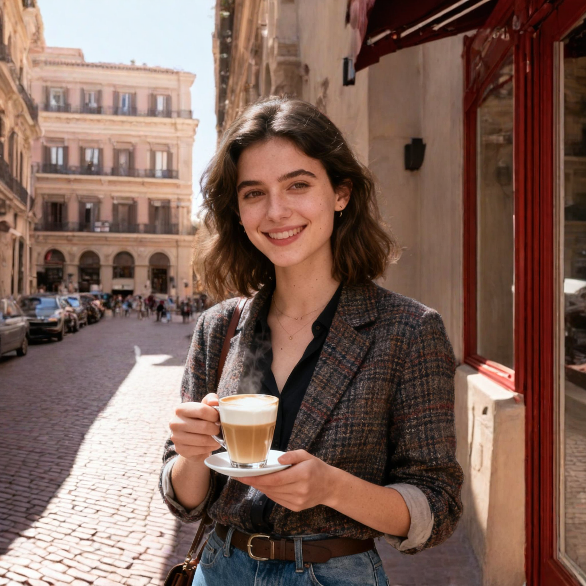 Same woman with coffee after AI background replacement - now in a charming Rome street setting with historic architecture
