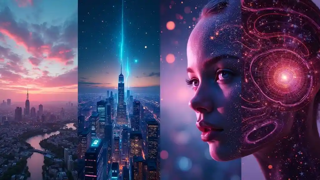 A collage of diverse AI-generated images showcasing different artistic styles
