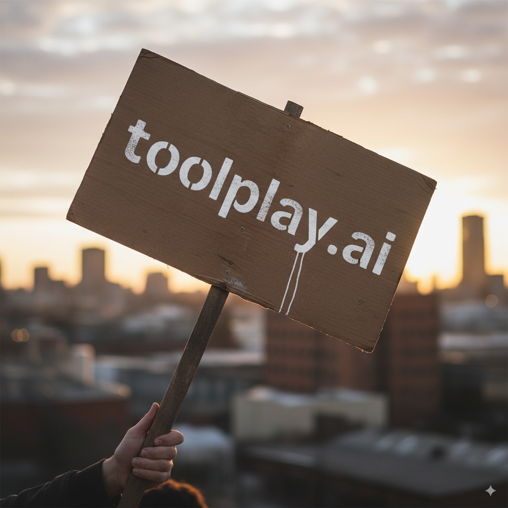 Second frame showing the girl holding a sign with toolplay.ai logo and slogan.