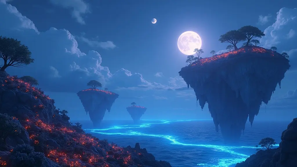 Fantasy digital painting of floating islands with glowing oceans created using the DALL·E 3 AI Image Generator, featuring rich colors and imaginative scenery