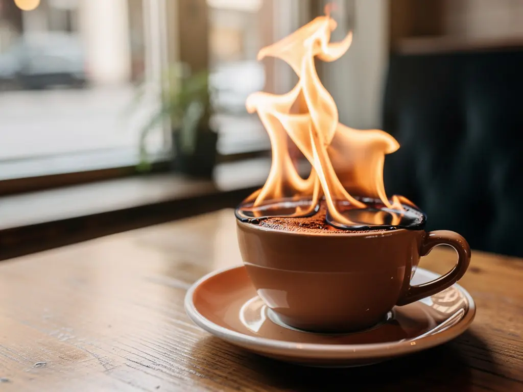 Flux.2 Pro AI editing example showing a coffee cup with realistic flames added via text prompt