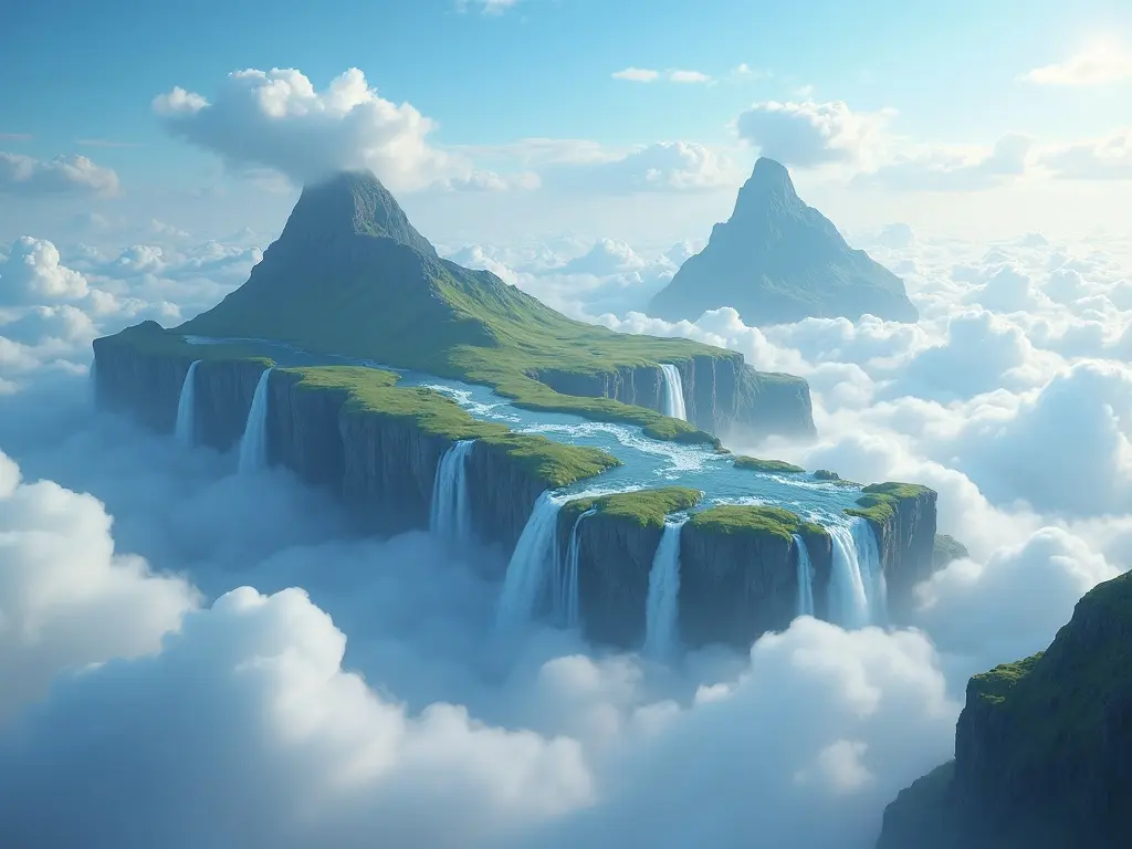 Concept art of floating islands and waterfalls in a vivid fantasy sky landscape