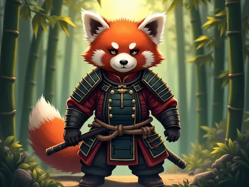 Anime-style red panda samurai in a detailed bamboo forest scene