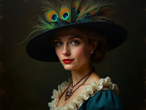 Oil painting-style portrait of a Victorian woman in dramatic lighting