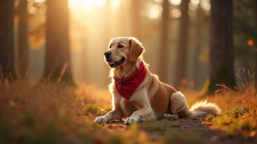 Photo-realistic image of a golden retriever in a forest wearing a scarf, created with Flux 1.1 Pro Ultra AI Image to Image