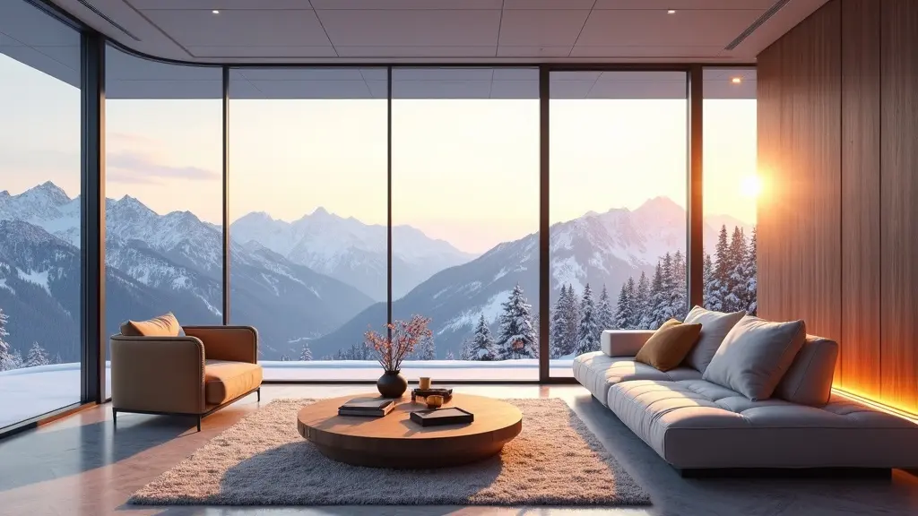 Luxury modern living room scene designed using GPT Image 1 AI Image Generator, capturing warmth and detail in a mountain-view setting