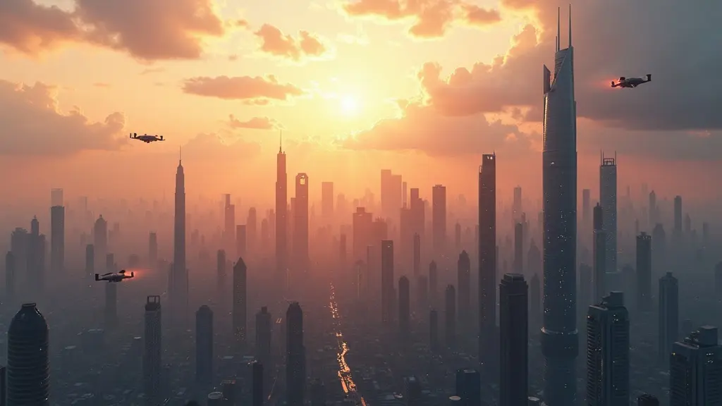 Futuristic city skyline at sunrise generated using Ideogram 3.0 AI Image Generator in concept art style