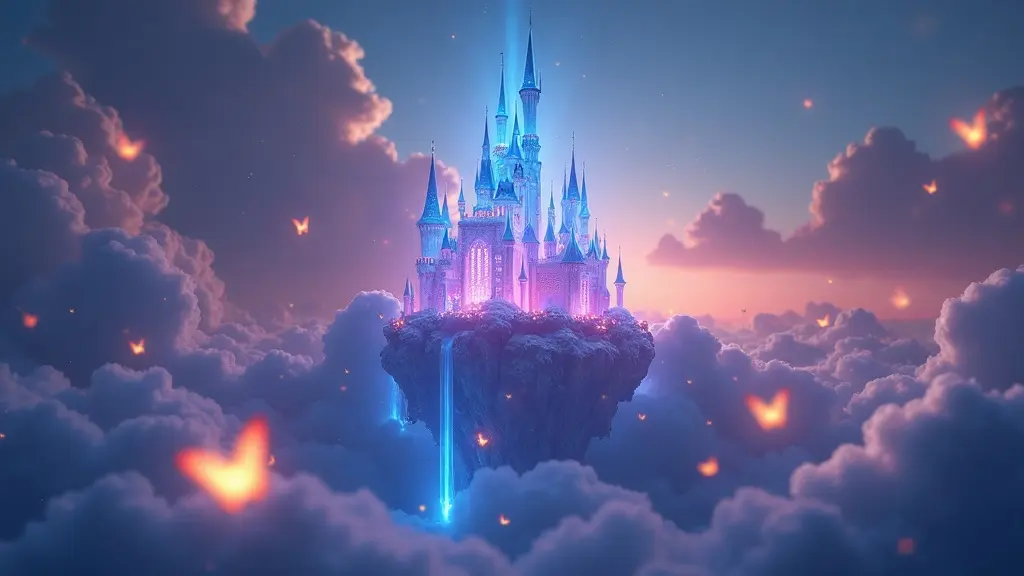 Fantasy crystal castle above the clouds created with the Midjourney AI Image Generator, surrounded by glowing butterflies