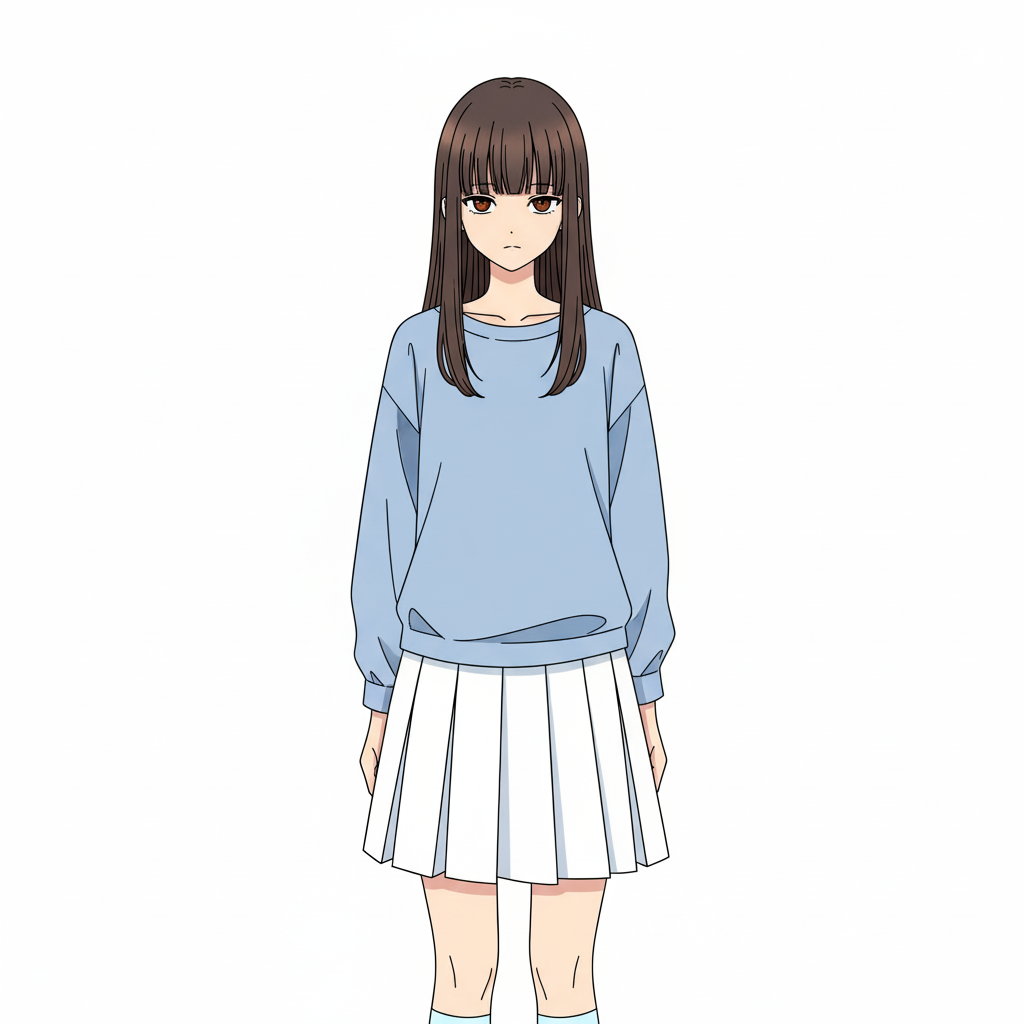 The anime girl line art fully colorized by the Nano Banana AI Generator, showcasing the 'after' result with a blue sweater and brown hair.
