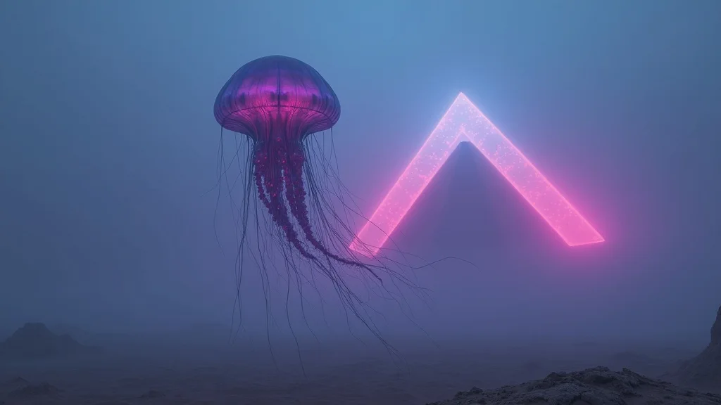 Surreal image created with AI image to image generator showing a jellyfish floating above a neon desert