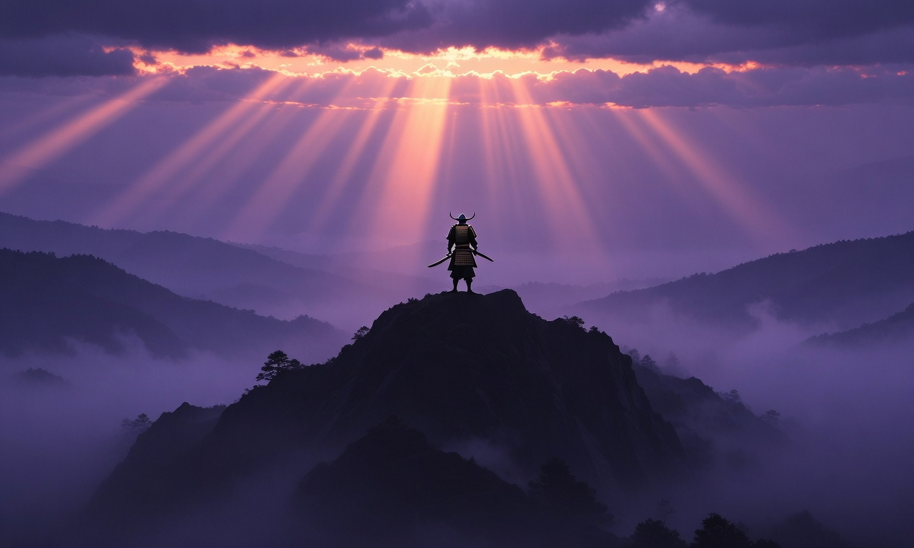 Stunning cinematic image of a lone samurai at twilight created with Wan 2.5 AI Image Generator, showcasing dramatic lighting and atmospheric depth