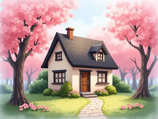 Watercolor-style cottage scene transformed by free image to image generator from an original photo